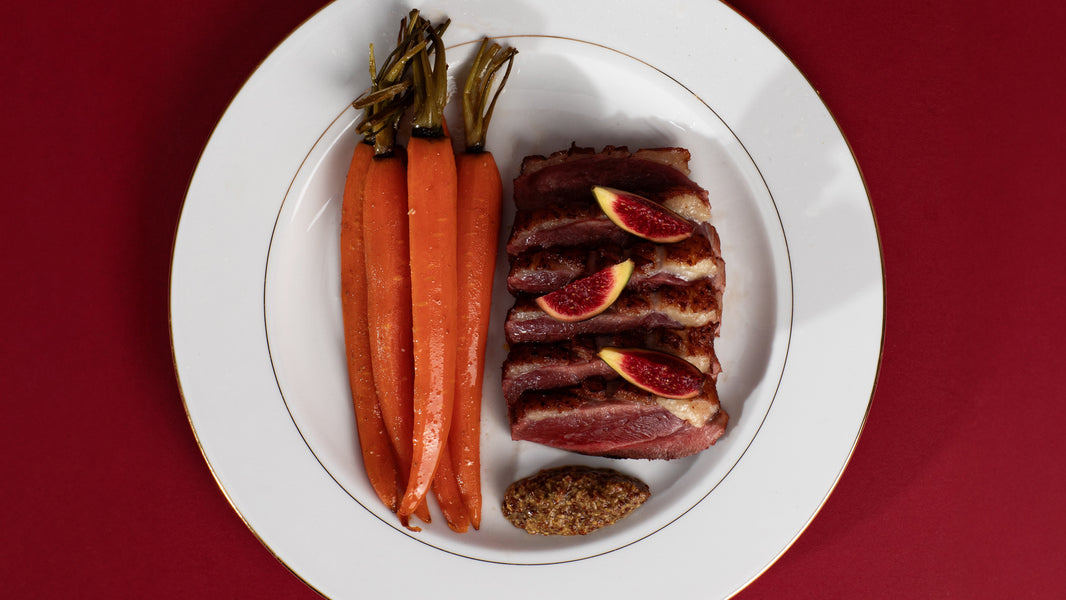 Magret de canard rôti, carottes au four & moutarde aux figues Pommery®