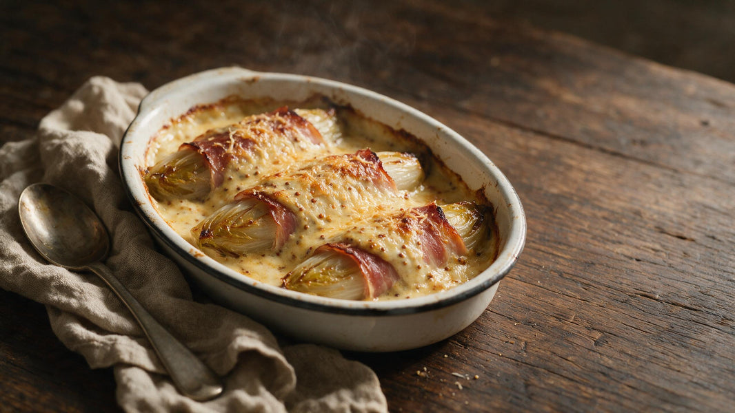 Endives au jambon à la moutarde gratinées à la Moutarde de Meaux® Pommery®